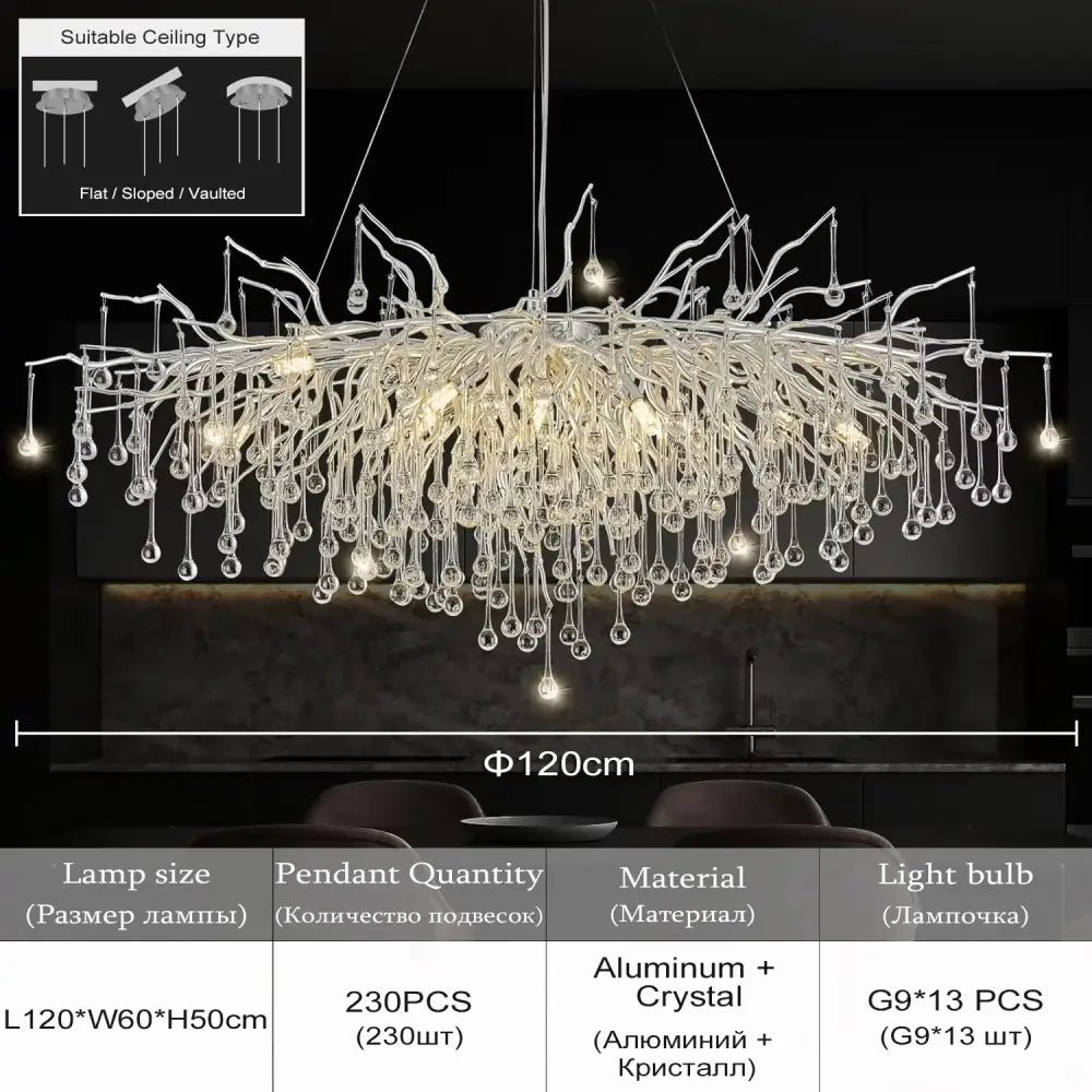 DecorBites™ modern chrome crystal chandelier with a 120cm aluminum frame and droplets for living room lamp package