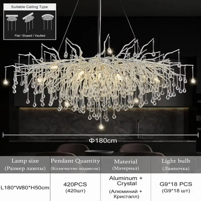 Decorbites modern chrome crystal chandelier with branching design aluminum frame 180cm wide for living room lamp package