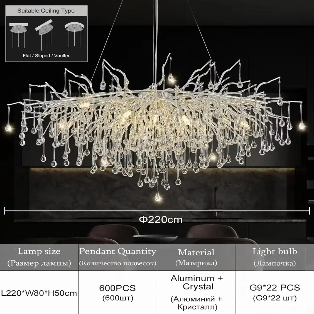 DecorBites™ modern chrome crystal chandelier with aluminum arms and clear droplets for living room lamp package