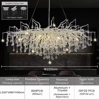 Decorbites modern chrome crystal chandelier with aluminum arms and clear crystal droplets for living room lighting
