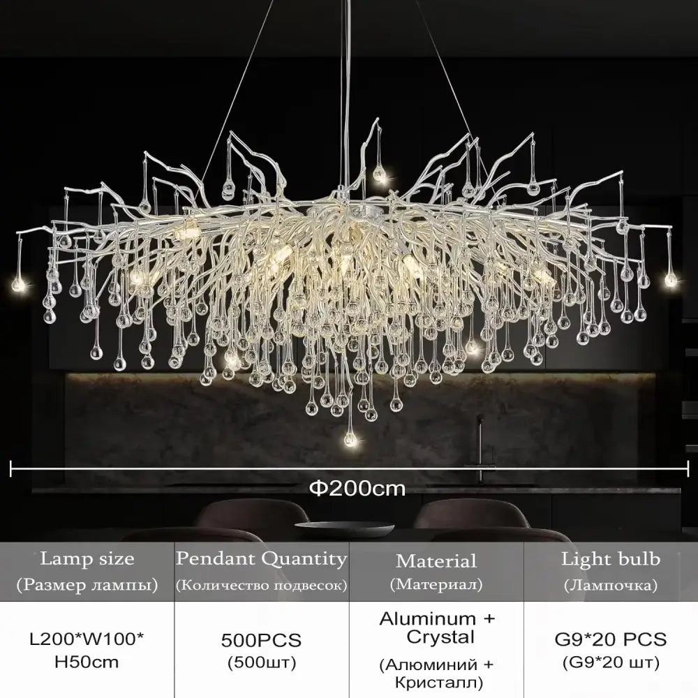 DecorBites modern chrome crystal chandelier with aluminum arms and clear droplets for living room lamp package