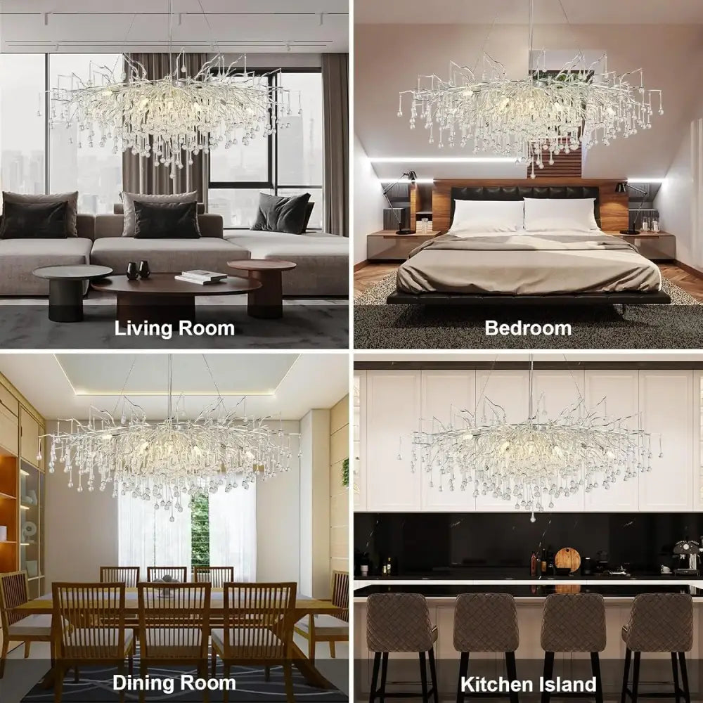 DecorBites modern chrome crystal chandelier with branching design and glass elements for living room lamp package