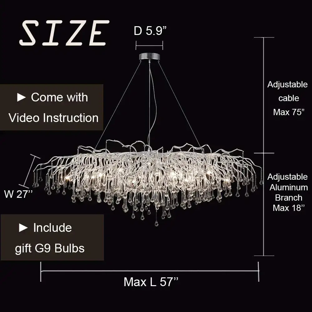 DecorBites modern chrome crystal chandelier with adjustable aluminum branches and clear droplets for living room