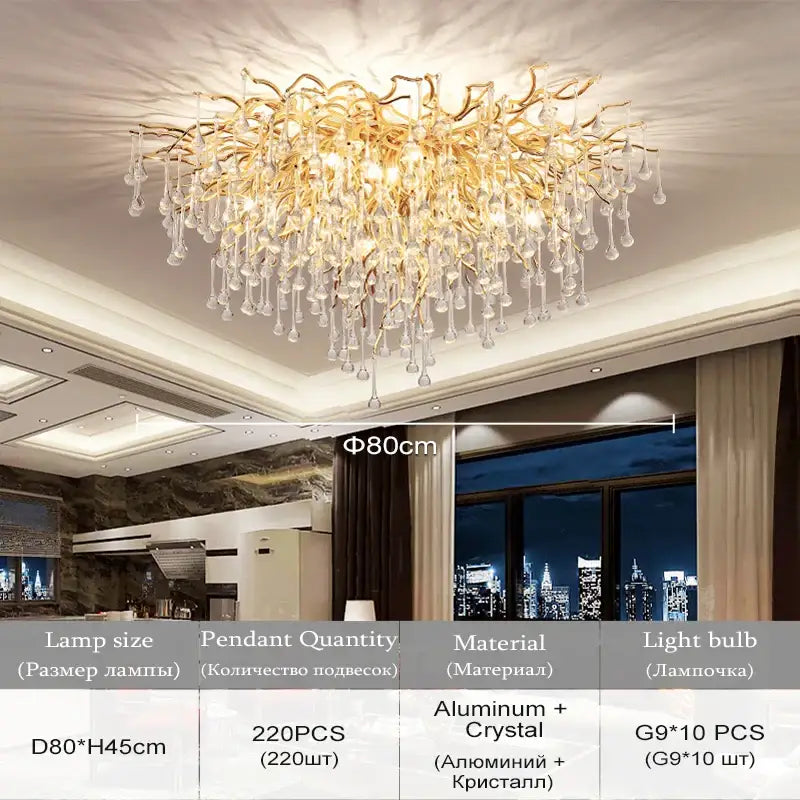 Gold-toned DecorBites™ modern crystal chandelier with intricate arms and cascading pendants for living room lamp package