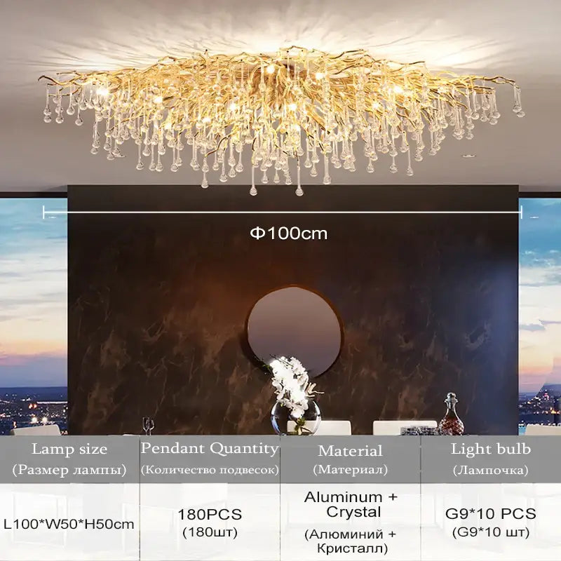 DecorBites modern chrome crystal chandelier with golden branch design and aluminum frame for living room lamp package