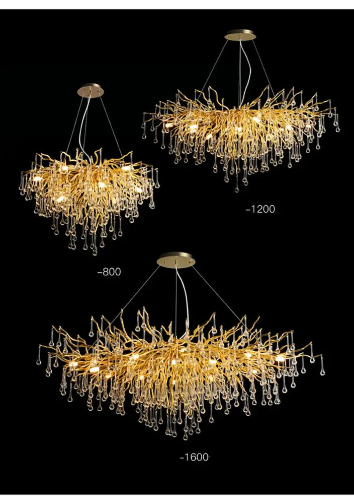 DecorBites™ modern chrome crystal chandelier with golden branches and warm LED lights for living room lamp package
