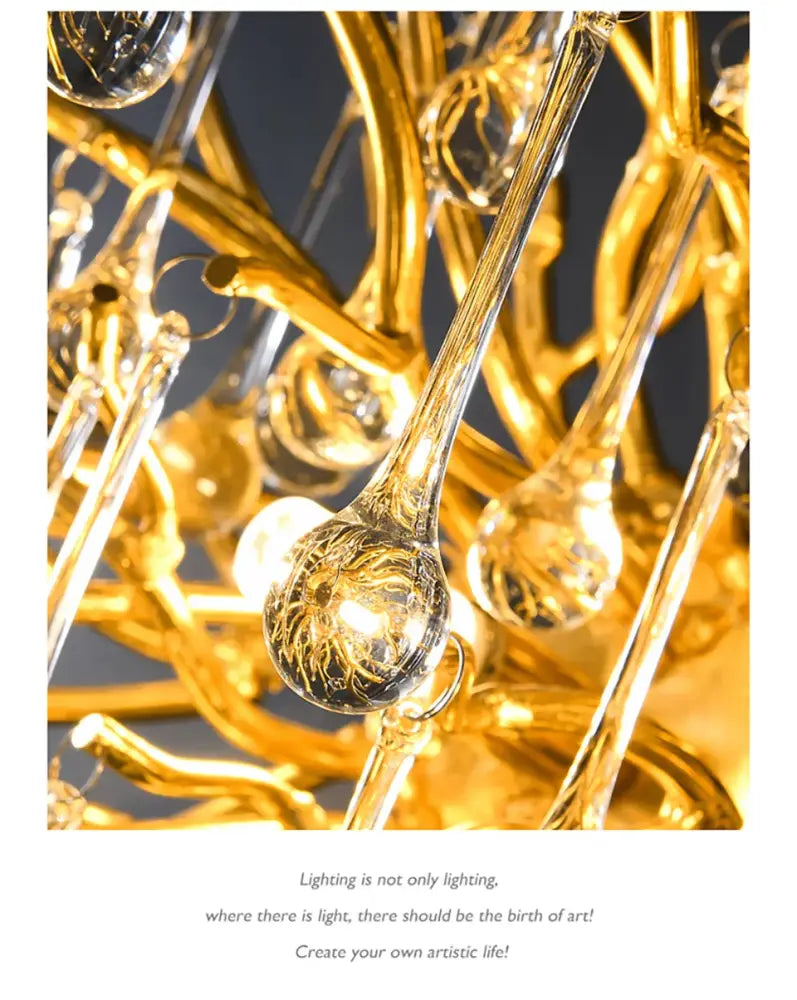 Golden glass crystal chandelier with intricate branching arms and teardrop pendants for living room lamp package