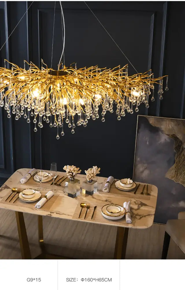 Golden branch-style crystal chandelier with dangling droplets for living room lamp package by DecorBites™
