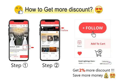 Red oval-shaped follow button with white text and hand cursor icon for decorbites modern chrome crystal chandelier living room lamp package