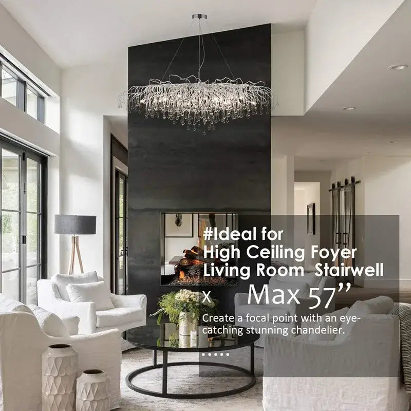 DecorBites™ modern chrome crystal chandelier with silver branch design and droplets for living room lamp package
