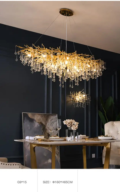 DecorBites™ modern chrome crystal chandelier with golden branch design and dangling crystal droplets lamp package