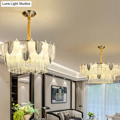 Elegant gold-finished decorbites™ modern crystal leaf pendant chandelier ceiling light with frosted glass and crystal droplets