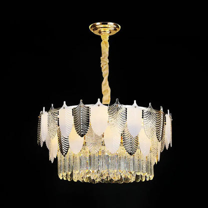 Decorbites modern ceiling light chandelier with gold mount, twisted cord, and layered frosted crystal leaf shades