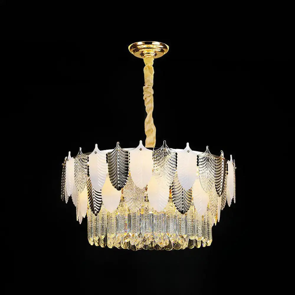 DecorBites™ modern clear crystal leaf pendant chandelier with gold twisted rod and frosted glass leaves ceiling light