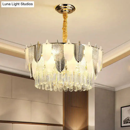 DecorBites modern gold-toned crystal leaf ceiling light with glass panels and cascading droplets for living room