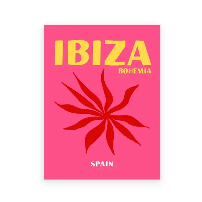 Vibrant pink decorbites modern coastal travel poster art print with bold yellow ibiza text and red starburst design