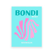 Decorbites™ modern coastal travel posters art print featuring a vibrant turquoise bondi beach design with pink seashell and australia text