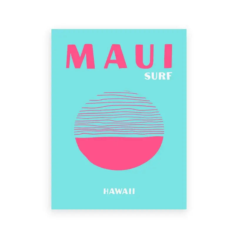 DecorBites modern coastal travel posters art print with vibrant turquoise background and bold pink maui surf sun design