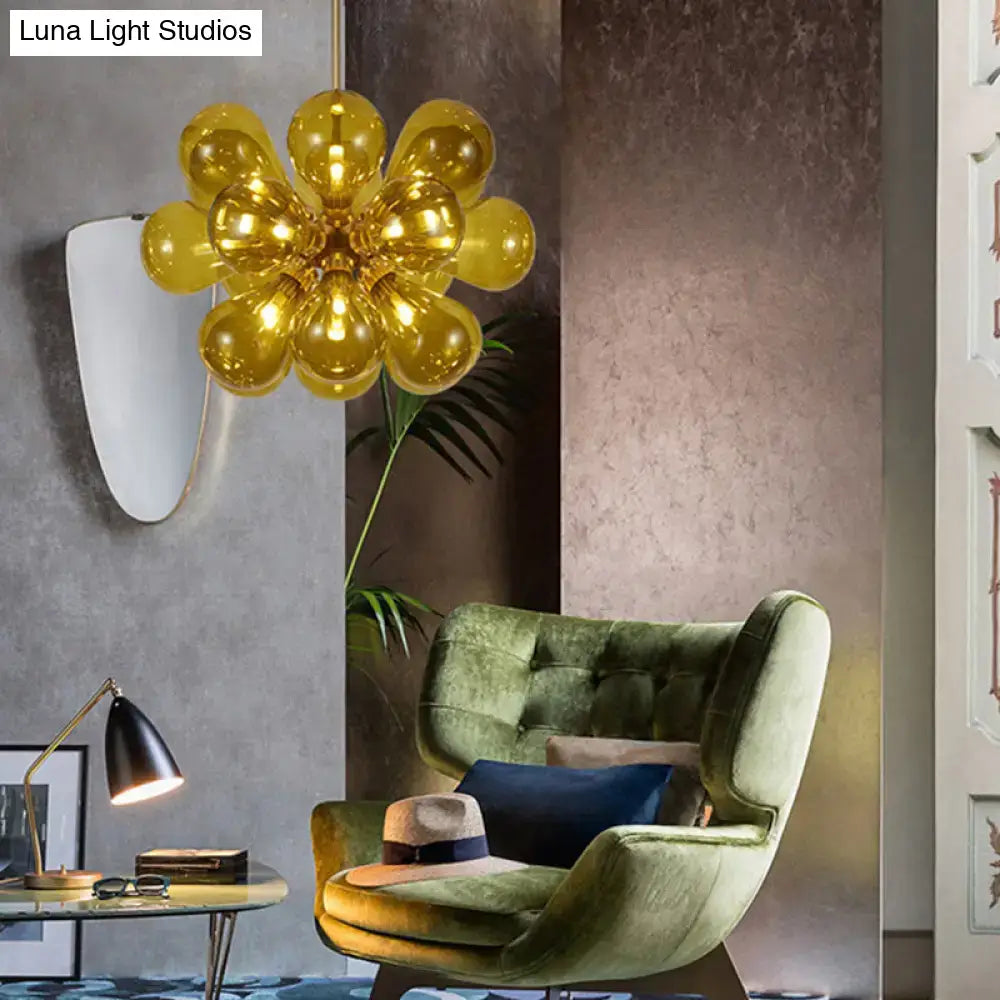 Golden glass chandelier with spherical flower-like design, modern stained glass, 110v-120v, DecorBites™ ceiling light fixture