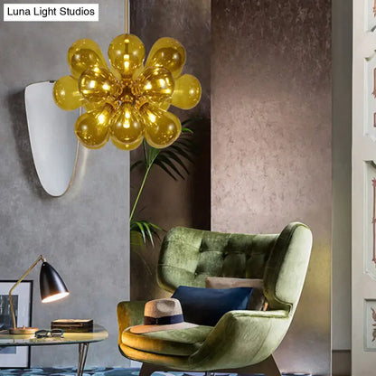 Golden glass chandelier with spherical flower-like design, modern stained glass, 110v-120v, DecorBites™ ceiling light fixture