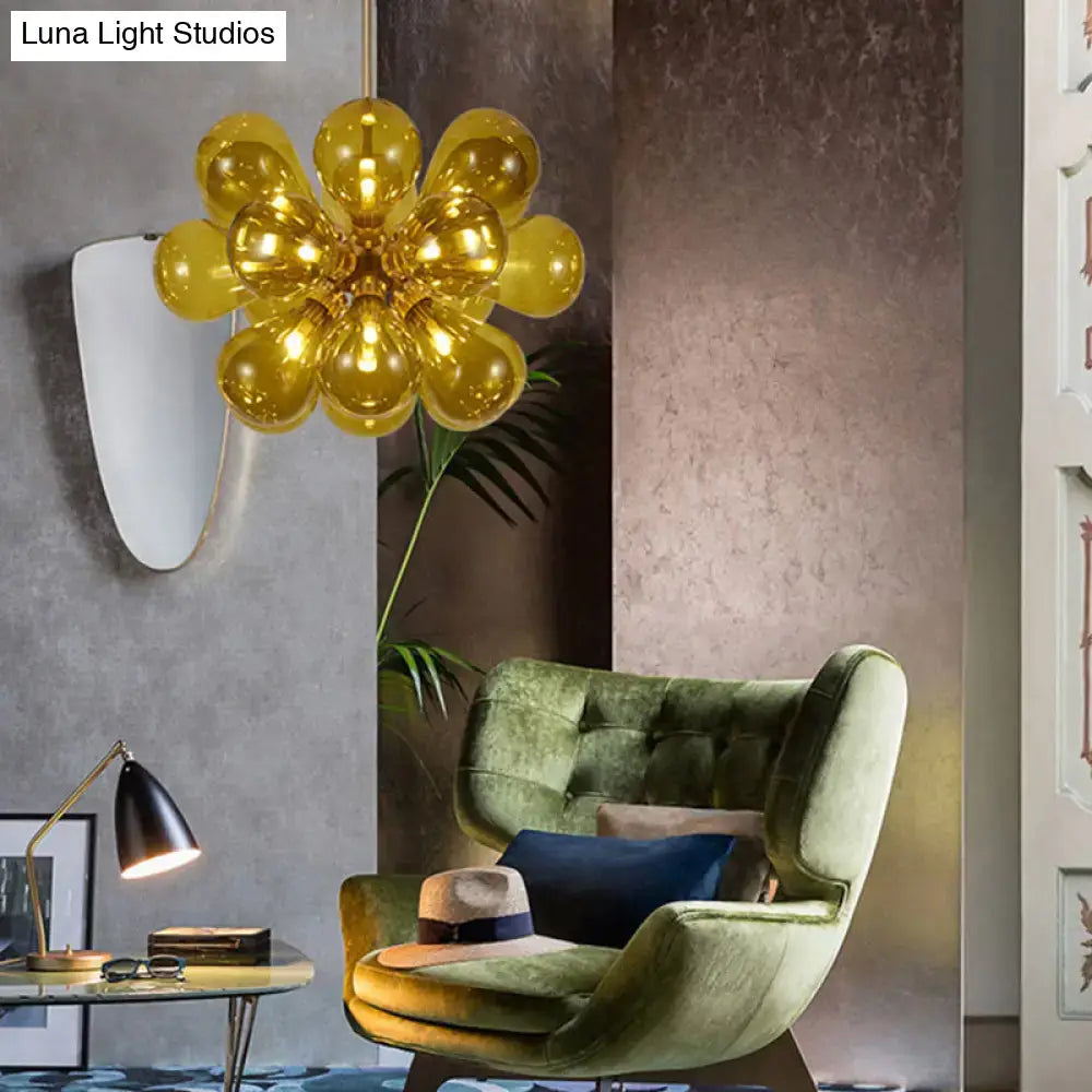 DecorBites™ modern cognac glass bubble chandelier with 18 golden glass balloon pendant lights 110v-120v stained glass