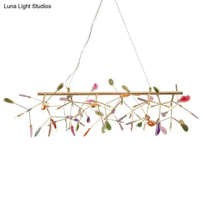 DecorBites modern colorful island light with brass frame and translucent gemstone leaves for warm color temperature lighting