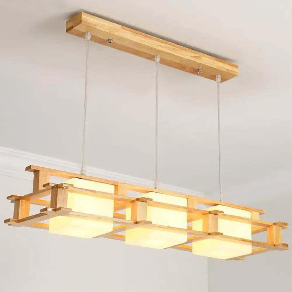 DecorBites™ modern wooden pendant light with cream glass cube panels and a rectangular hanging pendant light frame