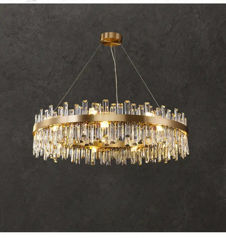 DecorBites™ modern crystal chandelier with golden chrome frame and cascading clear rods for dining room lighting