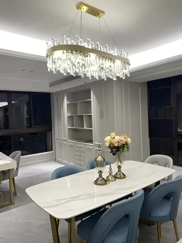 DecorBites™ modern crystal chandelier with golden chrome frame and clear droplets for dining room lighting