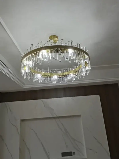 DecorBites™ modern crystal chandelier with golden chrome frame and crystal droplets for dining room lighting