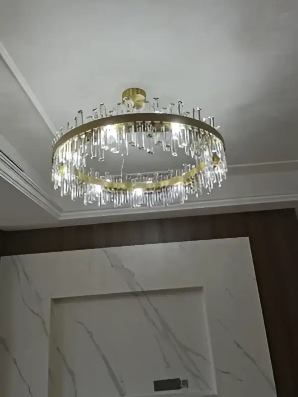 DecorBites™ modern crystal chandelier with golden chrome frame and crystal droplets for dining room lighting