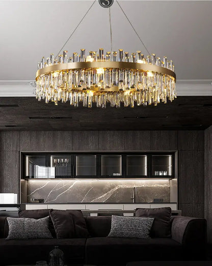 Decorbites modern crystal chandelier lighting in golden chrome with cascading clear crystal rods for dining room