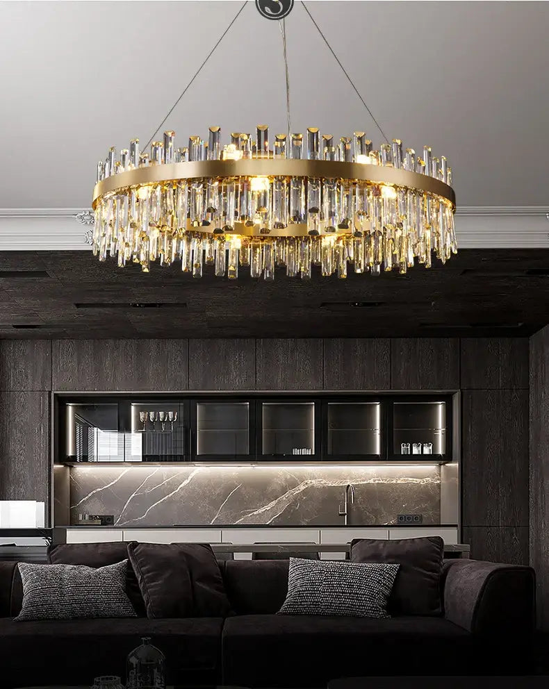 Decorbites modern crystal chandelier lighting in golden chrome with cascading clear crystal rods for dining room