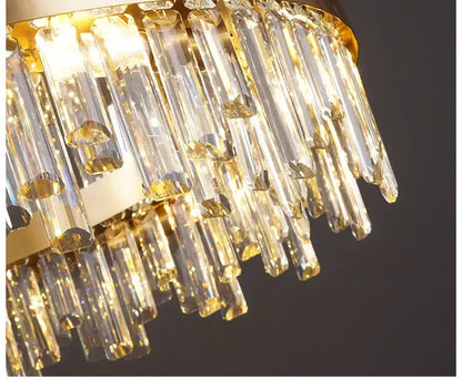 DecorBites™ modern crystal chandelier with golden chrome finish and cascading clear prisms for dining room lighting