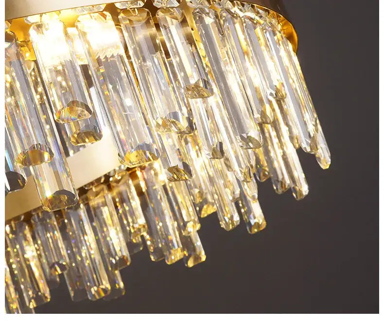 DecorBites™ modern crystal chandelier with golden chrome finish and cascading clear prisms for dining room lighting