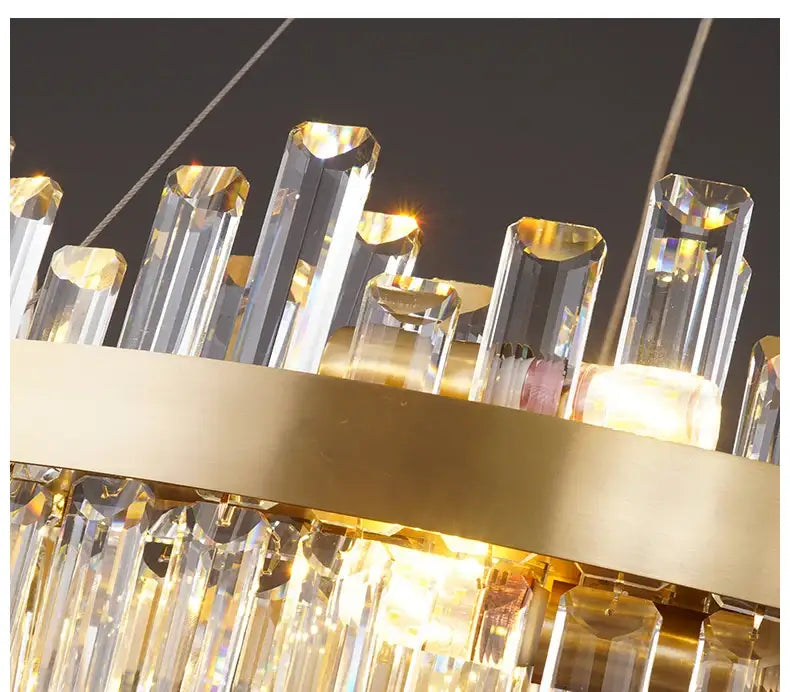 DecorBites™ modern crystal chandelier with clear faceted prisms and golden chrome frame for dining room lighting