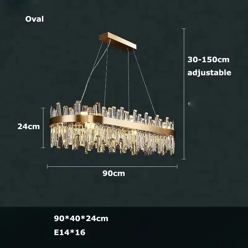 Gold-toned oval crystal chandelier with cascading clear prisms and adjustable length for dining room by decorbites