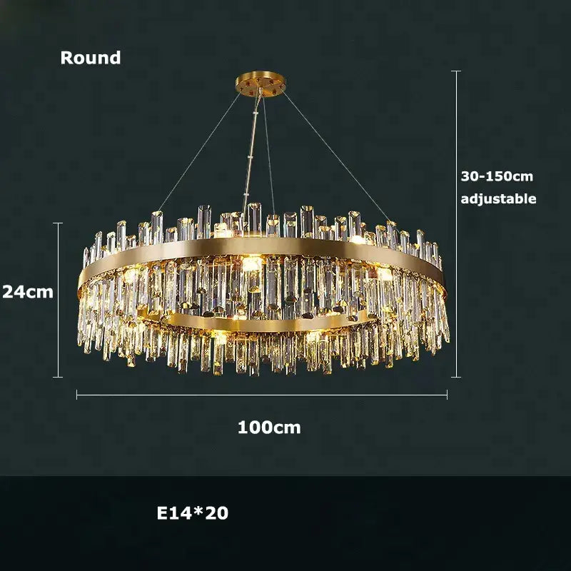 Gold-toned circular DecorBites™ crystal chandelier with cascading clear rods and golden chrome for dining room lighting 100cm diameter
