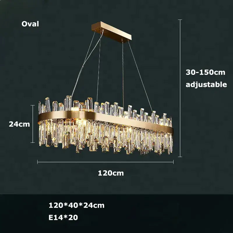 DecorBites™ modern crystal chandelier with gold-toned oval frame and clear droplets for dining room lighting in golden chrome