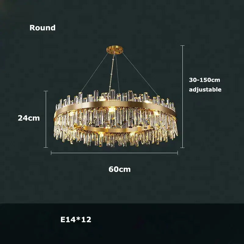 Gold-toned double-ring crystal chandelier with cascading clear prisms in golden chrome for dining room lighting by DecorBites