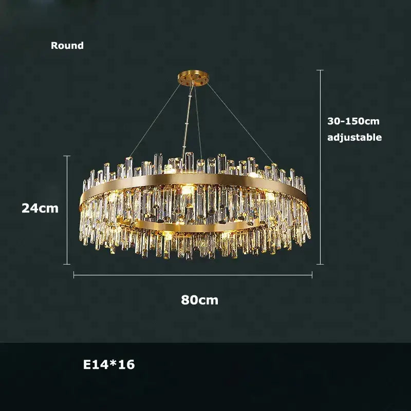 Golden chrome decorbites™ modern crystal chandelier with circular frame and cascading prisms for dining room lighting