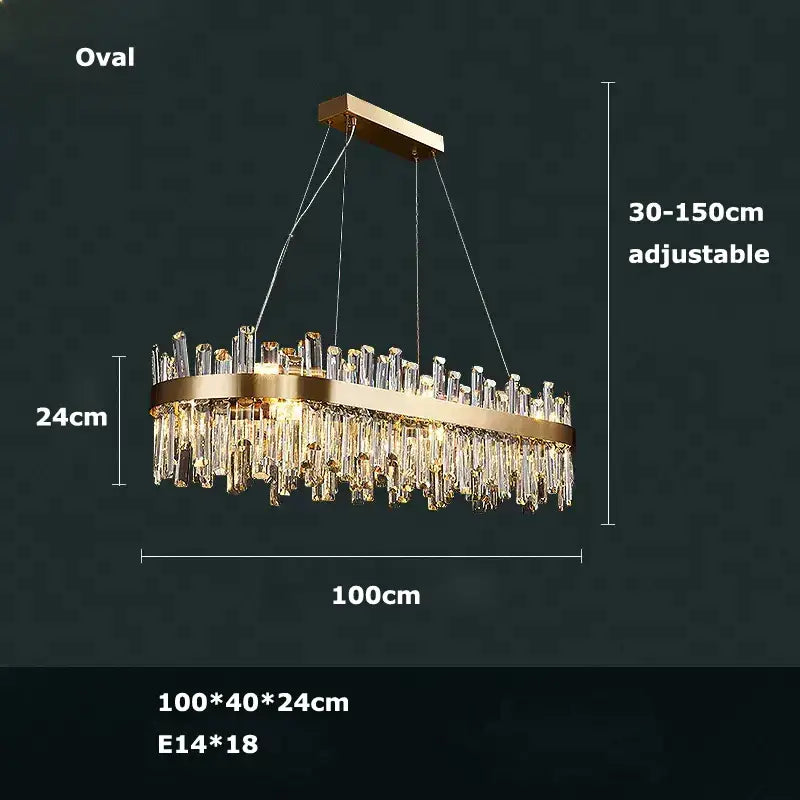 DecorBites™ modern crystal chandelier with gold-toned oval frame and clear droplets for dining room lighting