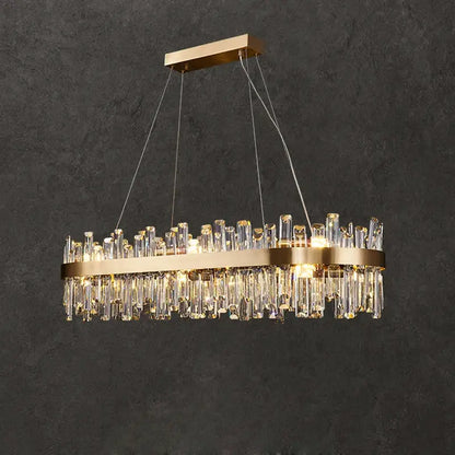DecorBites™ modern golden chrome crystal chandelier with clear rods in a brass frame for dining room lighting