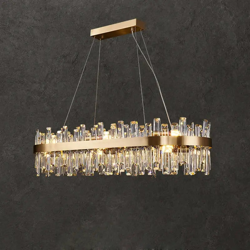 DecorBites™ modern golden chrome crystal chandelier with clear rods in a brass frame for dining room lighting