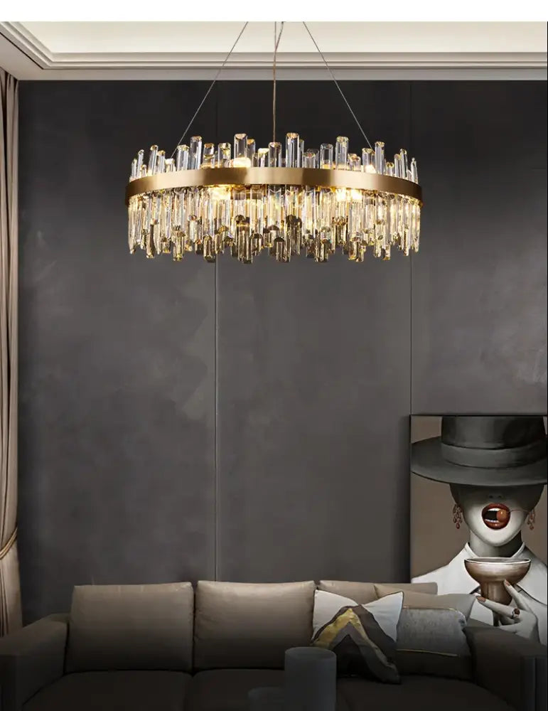 Decorbites™ modern crystal chandelier with cascading clear rods in golden chrome for dining room lighting