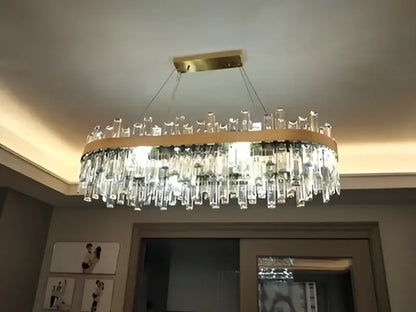 DecorBites™ modern crystal chandelier with clear prisms and golden chrome frame for elegant dining room lighting