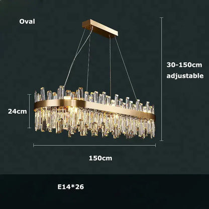 DecorBites™ modern oval crystal chandelier with golden chrome frame and cascading prisms for dining room lighting