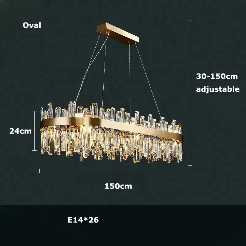 DecorBites™ modern oval crystal chandelier with golden chrome frame and cascading prisms for dining room lighting