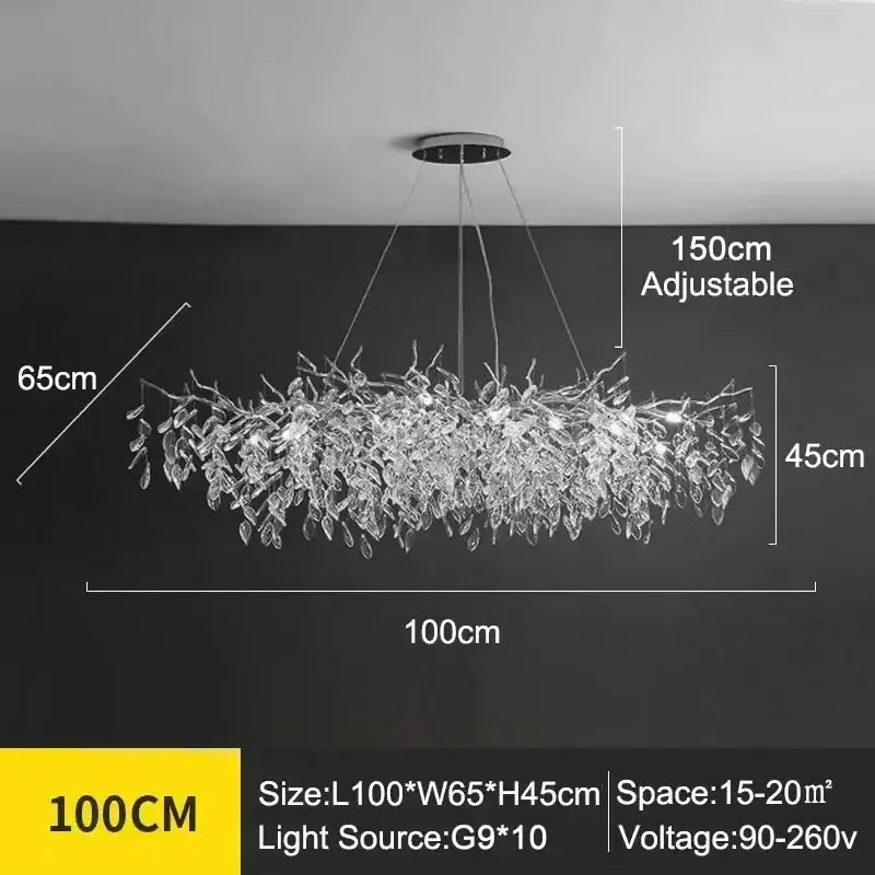DecorBites modern crystal ceiling chandelier with clear crystal leaves and LED lighting for living room ambiance