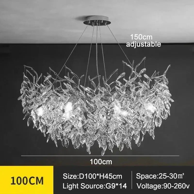 DecorBites™ modern crystal ceiling chandelier with clear glass leaf design and g9 LED lighting for living room use